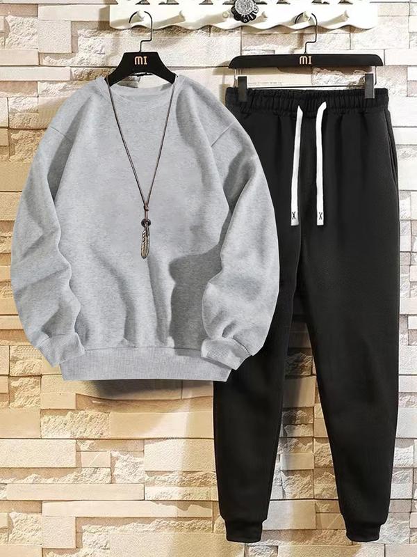 2 Piece Set Men's Solid Top & Elastic Waist Pants Co-ord Two Piece Set, Men's Designer Outfits Set, Casual Round Neck Regular Sleeve Sweatshirt & Drawstring Pocket Sweatpants for Fall, Streetwear, Men Back To School Two-piece Outfits, Outfit Sets for Men