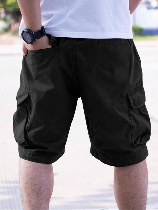 Men's Loose Solid Drawstring Cargo Shorts, Shorts for Men, Casual Comfy Plain Elastic Waist Pocket Shorts for Daily Outdoor Wear, Mens Back To School Clothing, Summer Outfits 2024, Summer Clothes, Shorts for Men, Summer Bottoms, Menswear, Mens Shorts