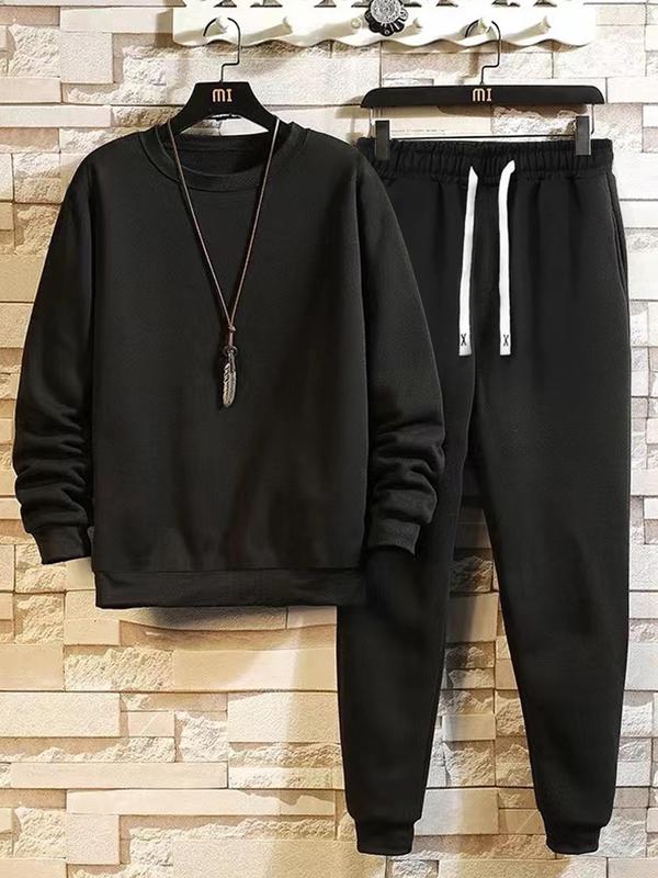 2 Piece Set Men's Solid Top & Elastic Waist Pants Co-ord Two Piece Set, Men's Designer Outfits Set, Casual Round Neck Regular Sleeve Sweatshirt & Drawstring Pocket Sweatpants for Fall, Streetwear, Men Back To School Two-piece Outfits, Outfit Sets for Men