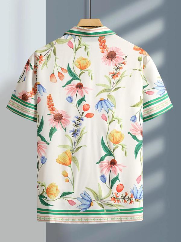 Men's Floral Print Button Front Shirt without Tee & Necklace, Regular Fit Casual Short Sleeve Collar Shirt, Summer Clothes, Fashion Men's Top for Daily Wear