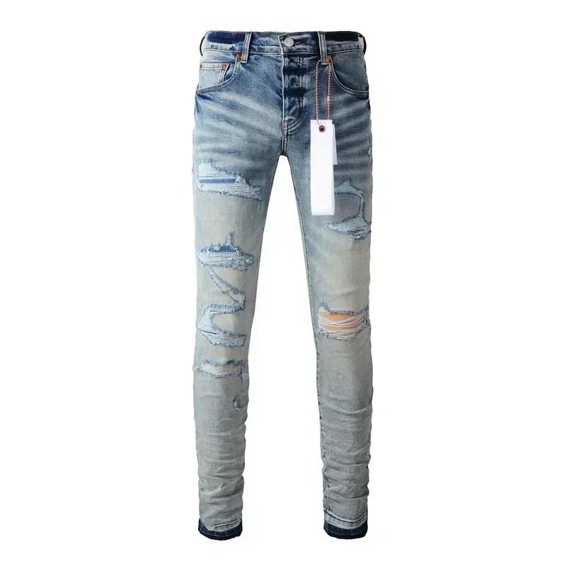 New Fashion Purples jeans man brands with distressed hole patches Fashion Repair Low Rise Skinny Denim pants 28-40 size