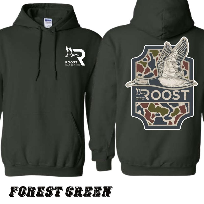 Roost Waterfowl Hoodie - Sand-Colored Pullover with Flying Waterfowl and Camo Design, Comfortable Unisex Apparel for Outdoor and Hunting Enthusiasts Classic Crewneck Tops Underwear Menswear