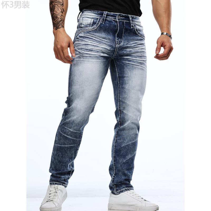 Men's Vintage-Inspired Embroidered Stretch Jeans - Slim Fit, Cotton Blend Denim with Mid-Stretch Fabric, Machine Washable Menswear Spandex