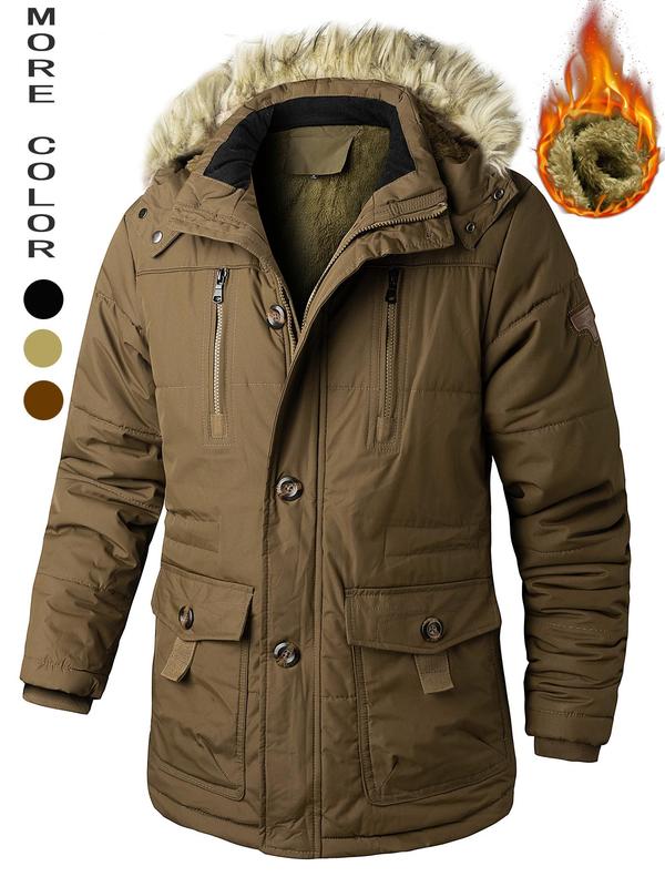 Men's Flap Pockets Button Front Thermal Lined Hooded Coat, Winter Coats, Slim Fit Casual Fuzzy Trim Zipper Winter Jacket, Men's Fall Clothing, Men's Outerwear for Daily Wear