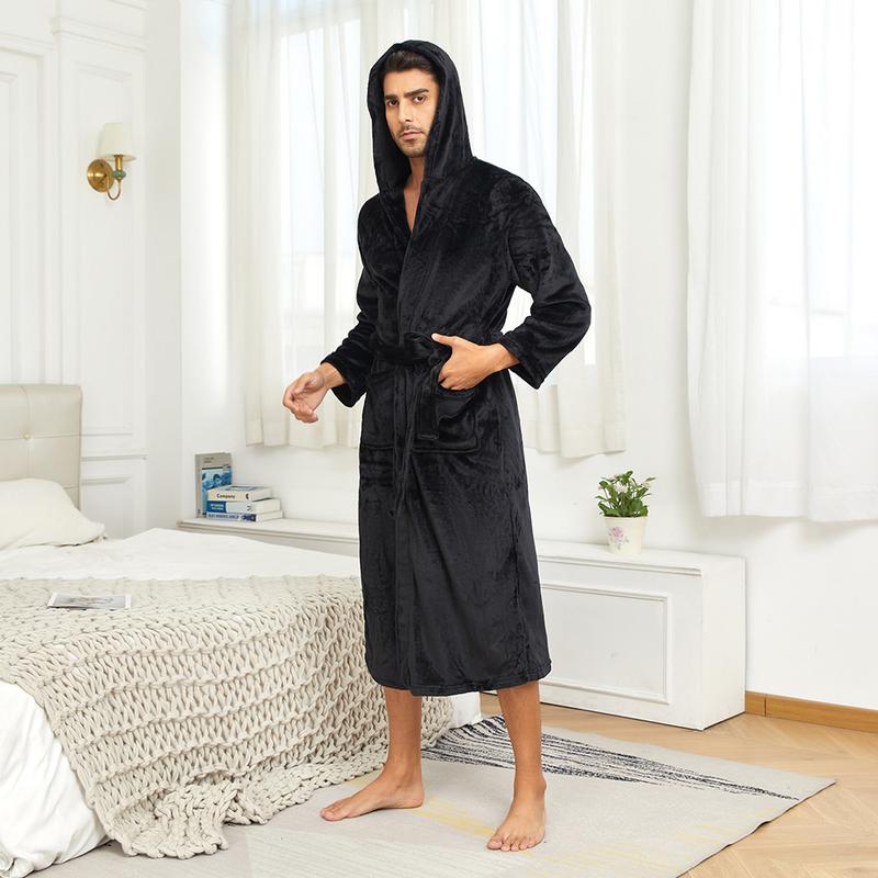 Solid Color Hooded Kimono Shower Robe for Men Autumn Winter Warm Shower Bathrobe Gown Soft Home Clothes with Pocket Nightgown