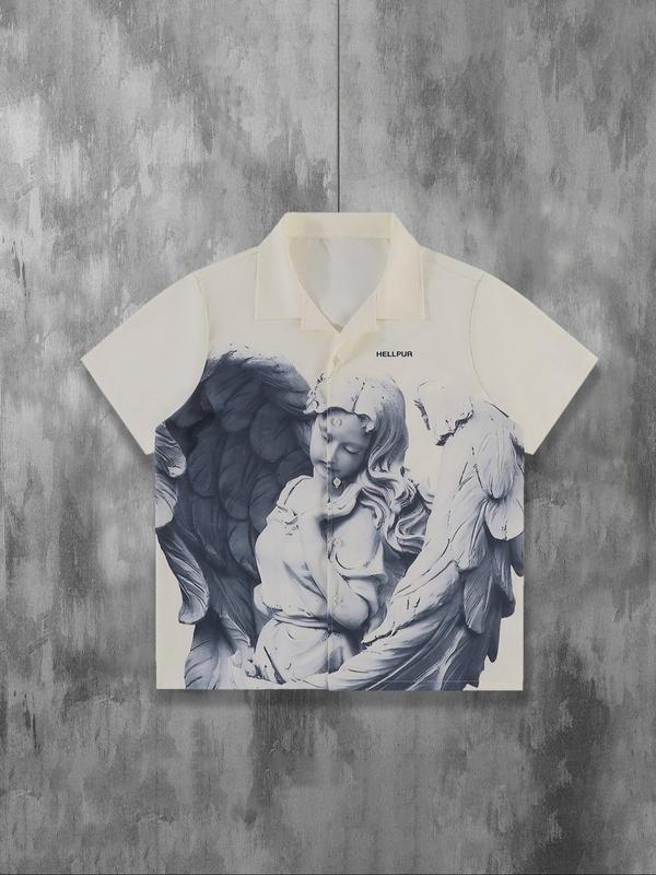 Men's Angel & Letter Print Short Sleeve Button Front Shirt, Regular Fit Casual Collared Top for Summer, Fashion Men's Clothes for Daily Wear