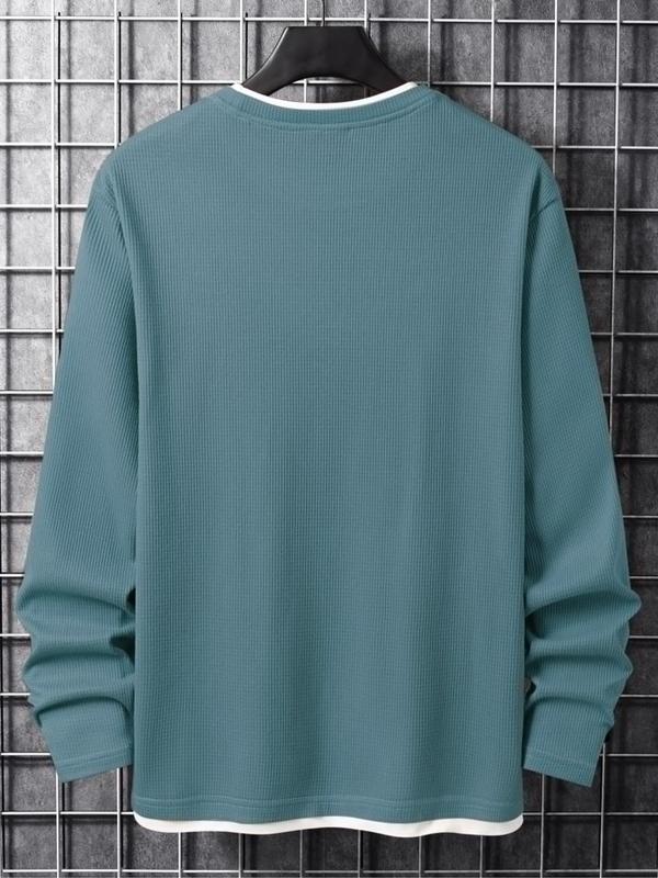 Men's Stylish Plain 2 in 1 Contrast Binding Round Neck Long Sleeve Tee, Casual Regular Fit Basic Crew Neck Longsleeves T-shirt for Fall & Winter, Men's T Shirts, Men's Clothes for Daily Wear, Men Tops, Menswear