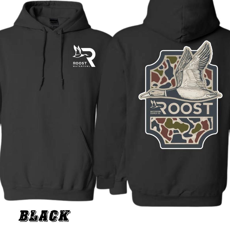 Roost Waterfowl Hoodie - Sand-Colored Pullover with Flying Waterfowl and Camo Design, Comfortable Unisex Apparel for Outdoor and Hunting Enthusiasts Classic Crewneck Tops Underwear Menswear