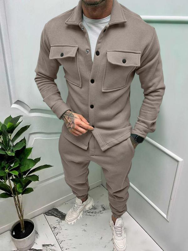 Men's Solid Button Front Jacket & Pocket Pants Two-piece Set, Regular Fit Casual Long Sleeve Pocket Collared Outerwear & Trousers for Spring & Fall, Men's Clothes for Daily Wear