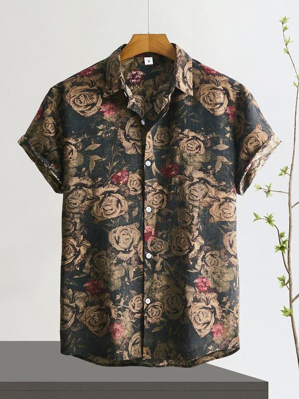 Men's Floral Print Button Front Shirt, Summer Outfits 2024, Loose Boho Casual Short Sleeve Collar Top for Summer, Streetwear, Shirts for Men, Men's Clothes for Beach Vacation