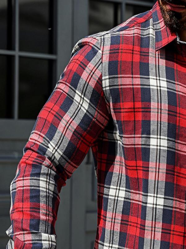 Men's Plaid Print Button Front Shirt, Regular Fit Casual Long Sleeve Collared Top for All Seasons, Fashion Men's Clothes for Daily Wear