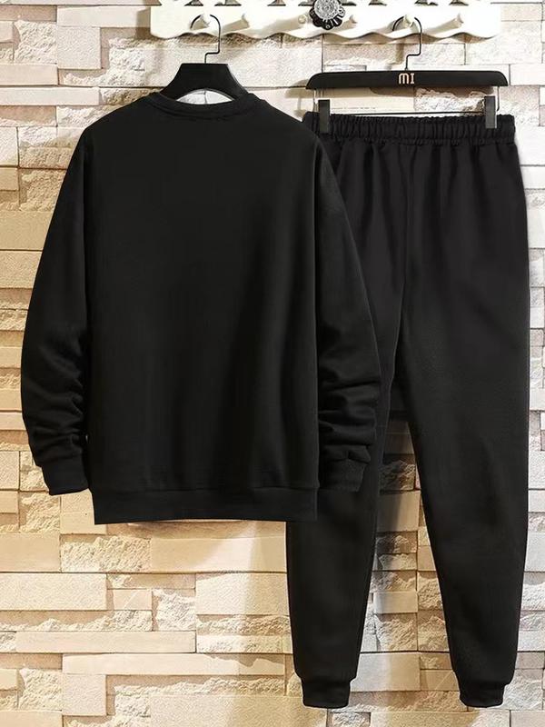 2 Piece Set Men's Solid Top & Elastic Waist Pants Co-ord Two Piece Set, Men's Designer Outfits Set, Casual Round Neck Regular Sleeve Sweatshirt & Drawstring Pocket Sweatpants for Fall, Streetwear, Men Back To School Two-piece Outfits, Outfit Sets for Men