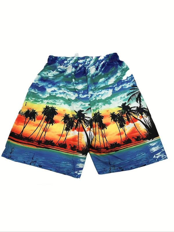 Men's Regular Fit Landscape Print Drawstring Waist Shorts, Casual Pocket Beach Shorts for Daily Wear, Summer Bottoms for Men