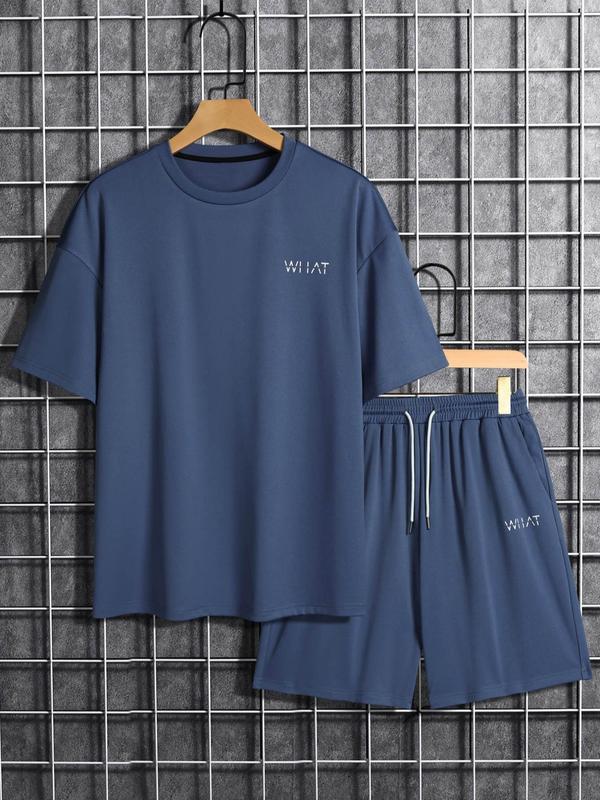 2 Piece Set Men's Stylish Letter Print Drop Shoulder Round Neck Tee & Drawstring Shorts Set, Casual Classic Crew Neck Short Sleeve T-Shirt & Track Shorts for Formal Wear, Summer Men Clothes Set for Outdoor Wear, Menswear Suits