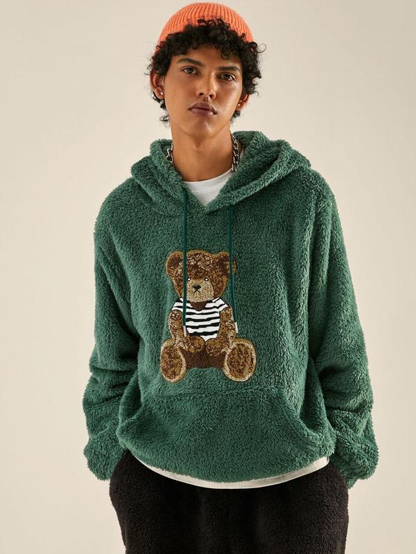 Men's Cartoon Bear Embroidered Drawstring Plush Hoodie, Casual Streetwear Pocket Long Sleeve Hooded Sweatshirt, Fall Clothes, Men Essentials Clothes