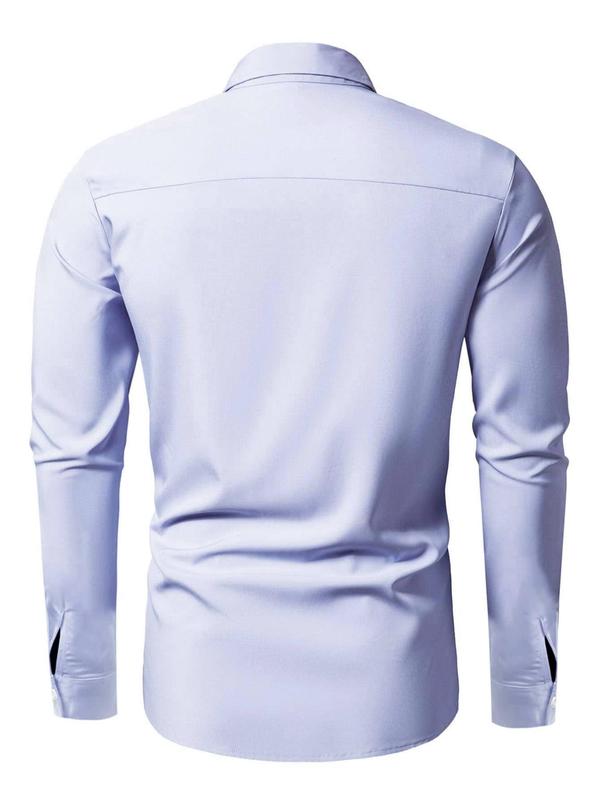 Men's Solid Button Front Shirt, Long Sleeve Collared Shirt for Business Formal Occasions, Fashion Men's Clothes for Spring & Fall Basic Tops