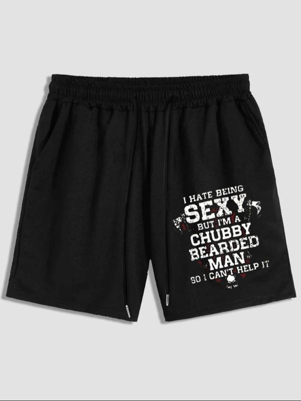 Men's Slogan Graphic Drawstring Waist Shorts, Summer Clothes, Casual Regular Fit Pocket Track Shorts for Summer, Back To School Outfits, Men's Bottoms for Daily Wear