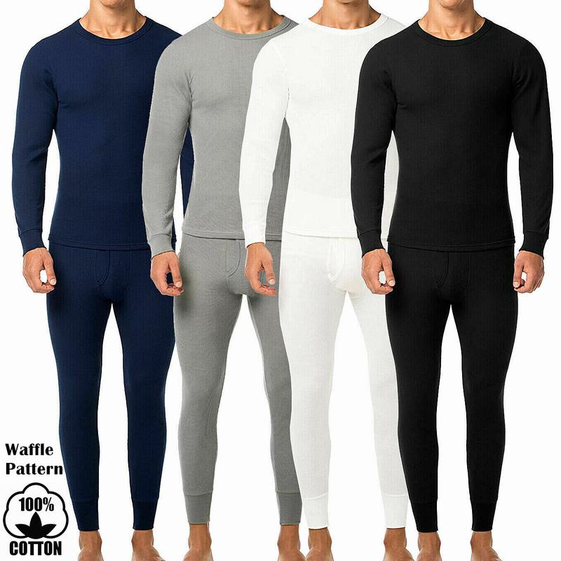 Mens Cotton Waffle Knit Thermal Top&Pants 2PC Set Long Johns Warm Underwear