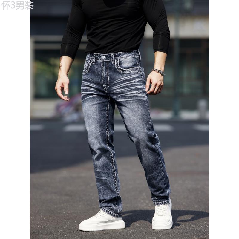 Men's Vintage-Inspired Embroidered Stretch Jeans - Slim Fit, Cotton Blend Denim with Mid-Stretch Fabric, Machine Washable Menswear Spandex