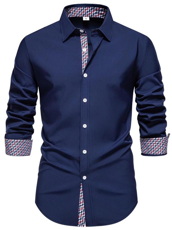 Men's Patchwork Print Button Front Shirt, Regular Fit Casual Long Sleeve Collared Top for Fall & Winter, Men's Clothes for Daily Wear