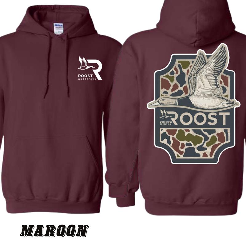 Roost Waterfowl Hoodie - Sand-Colored Pullover with Flying Waterfowl and Camo Design, Comfortable Unisex Apparel for Outdoor and Hunting Enthusiasts Classic Crewneck Tops Underwear Menswear