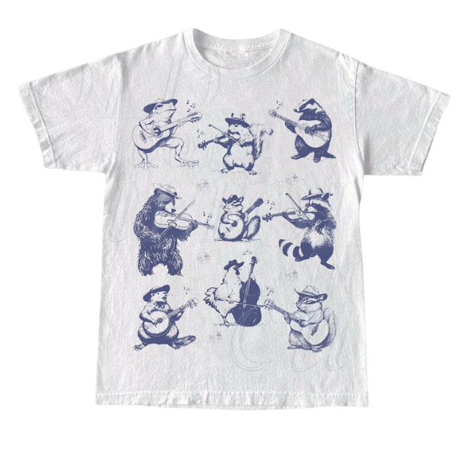 Animal Musicians 90s Tattoo Vintagse Style Tshirt, Retro Animal Music Lovers Cute Nature Shirt, Bear Playing Guitar, Raccoon, Frog Tshirt Menswear Top Underwear Streetwear