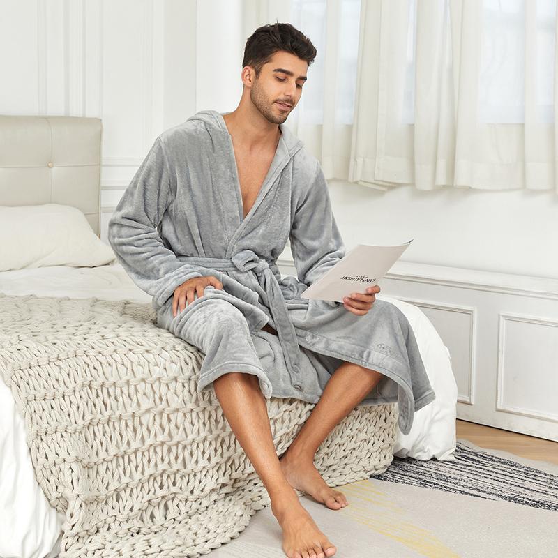 Solid Color Hooded Kimono Shower Robe for Men Autumn Winter Warm Shower Bathrobe Gown Soft Home Clothes with Pocket Nightgown