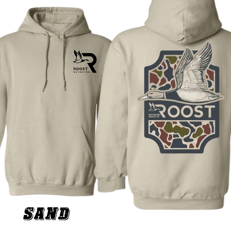 Roost Waterfowl Hoodie - Sand-Colored Pullover with Flying Waterfowl and Camo Design, Comfortable Unisex Apparel for Outdoor and Hunting Enthusiasts Classic Crewneck Tops Underwear Menswear