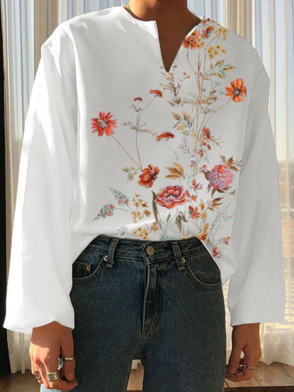 Men's Floral Print Notched Neck Bishop Sleeve Top, Casual Loose Long Sleeve Top for Fall, Men's Clothes for Daily Wear