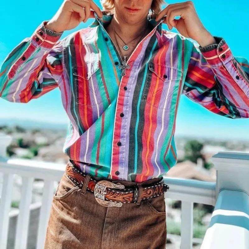 Western Cowboy Shirts Blouses Striped Casual Button Down Long Sleeve Shirt Tops