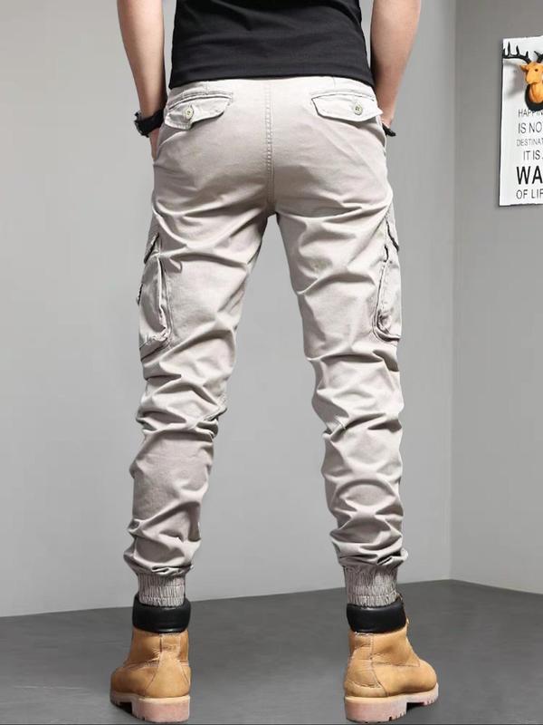 Men's Solid Pocket Cargo Pants, Loose Casual Drawstring Waist Trousers for Men, Woven Bottoms for All Seasons