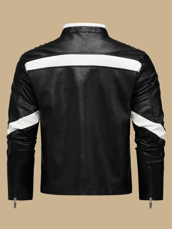 Men's Colorblock Zip Up PU Leather Jacket, Fashion Casual Regular Fit Long Sleeve Mock Neck Outerwear for Daily Outdoor Wear, Men Cloths for Fall & Winter