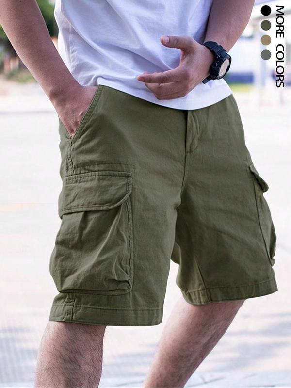 Men's Loose Solid Drawstring Cargo Shorts, Shorts for Men, Casual Comfy Plain Elastic Waist Pocket Shorts for Daily Outdoor Wear, Mens Back To School Clothing, Summer Outfits 2024, Summer Clothes, Shorts for Men, Summer Bottoms, Menswear, Mens Shorts