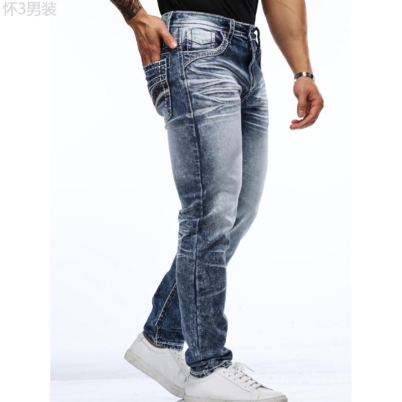 Men's Vintage-Inspired Embroidered Stretch Jeans - Slim Fit, Cotton Blend Denim with Mid-Stretch Fabric, Machine Washable Menswear Spandex