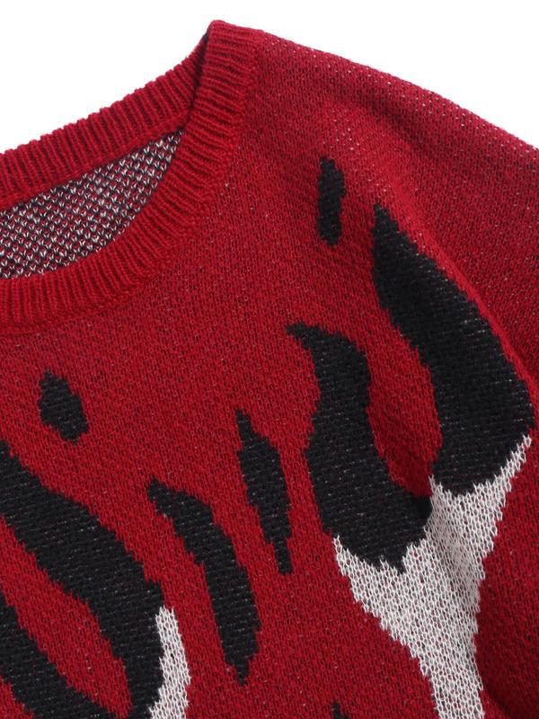 Men's Fire Print Round Neck Sweater, Loose Casual Long Sleeve Crew Neck Jumper for Fall & Winter, Fashion Men's Knitwear for Daily Wear Knitted Sweater