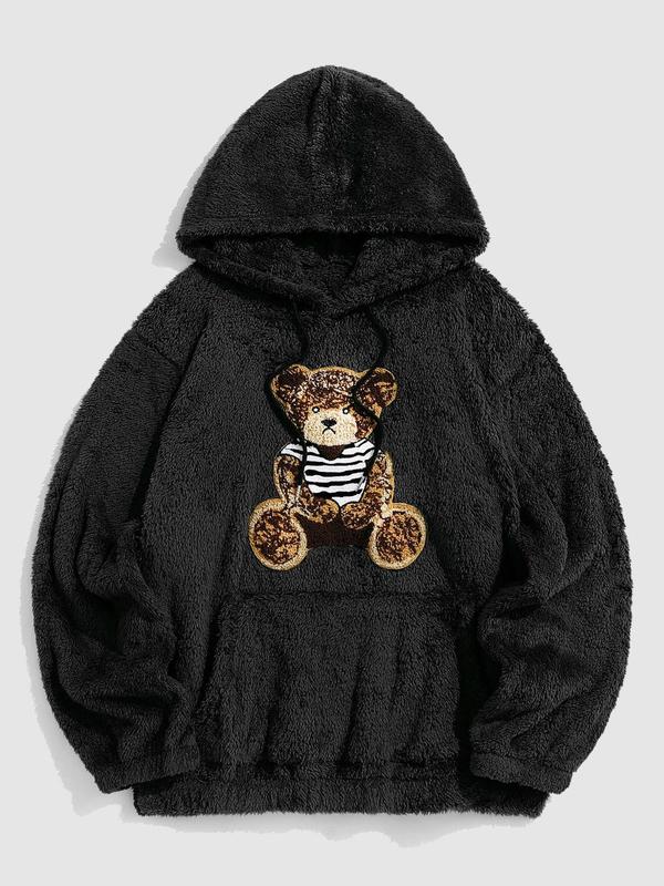 Men's Cartoon Bear Embroidered Drawstring Plush Hoodie, Casual Streetwear Pocket Long Sleeve Hooded Sweatshirt, Fall Clothes, Men Essentials Clothes