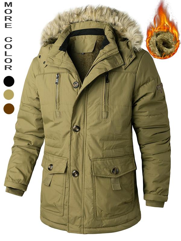 Men's Flap Pockets Button Front Thermal Lined Hooded Coat, Winter Coats, Slim Fit Casual Fuzzy Trim Zipper Winter Jacket, Men's Fall Clothing, Men's Outerwear for Daily Wear