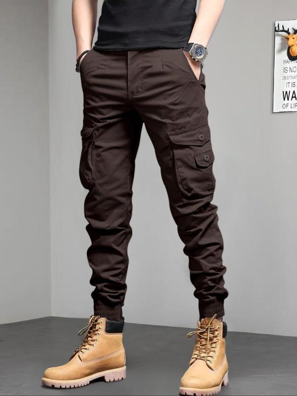 Men's Solid Pocket Cargo Pants, Loose Casual Drawstring Waist Trousers for Men, Woven Bottoms for All Seasons