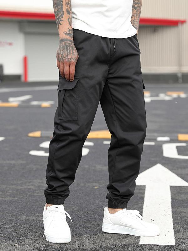 Men's Regular Fit Solid Pocket Drawstring Waist Cargo Pants, Casual Streetwear Trousers for Summer, Fashion Men's Bottoms for Daily Wear