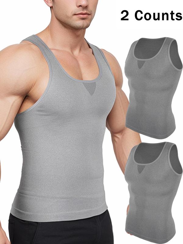 Men's Solid Textured Racer Back Tank Top, High Stretch Tummy Control Shaper Vest, Men's Shapewear Top for All Seasons