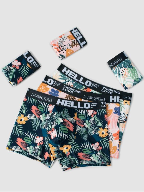 Men's Tropical & Letter Print Boxer Brief, Casual Comfy Breathable Soft Underwear for Daily Wear, Underwear for Men, Boxers for Men