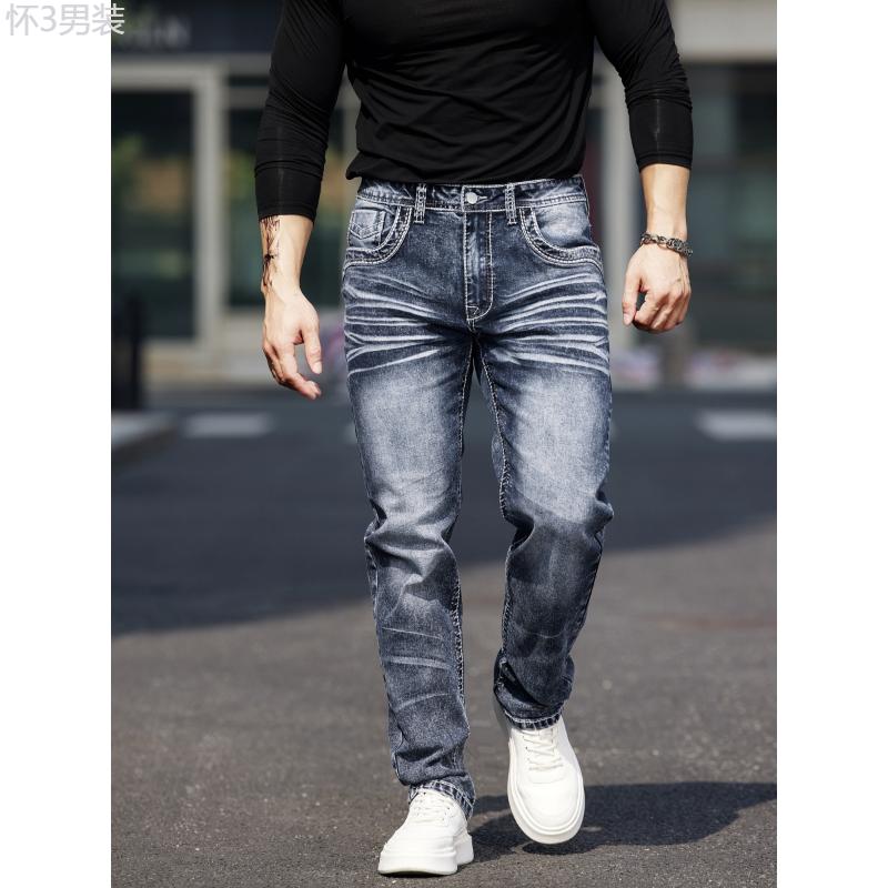 Men's Vintage-Inspired Embroidered Stretch Jeans - Slim Fit, Cotton Blend Denim with Mid-Stretch Fabric, Machine Washable Menswear Spandex