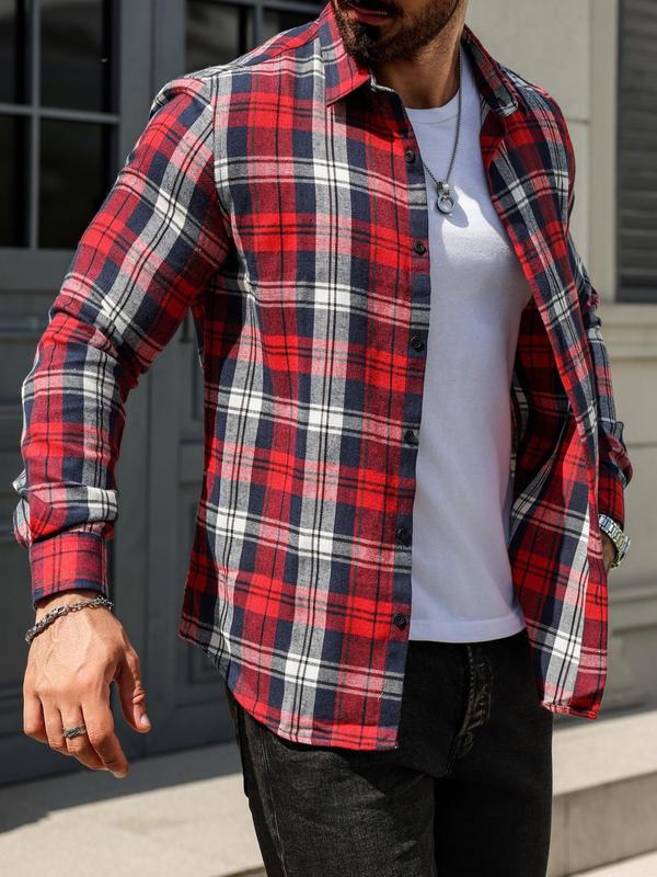 Men's Plaid Print Button Front Shirt, Regular Fit Casual Long Sleeve Collared Top for All Seasons, Fashion Men's Clothes for Daily Wear