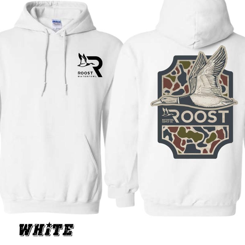 Roost Waterfowl Hoodie - Sand-Colored Pullover with Flying Waterfowl and Camo Design, Comfortable Unisex Apparel for Outdoor and Hunting Enthusiasts Classic Crewneck Tops Underwear Menswear