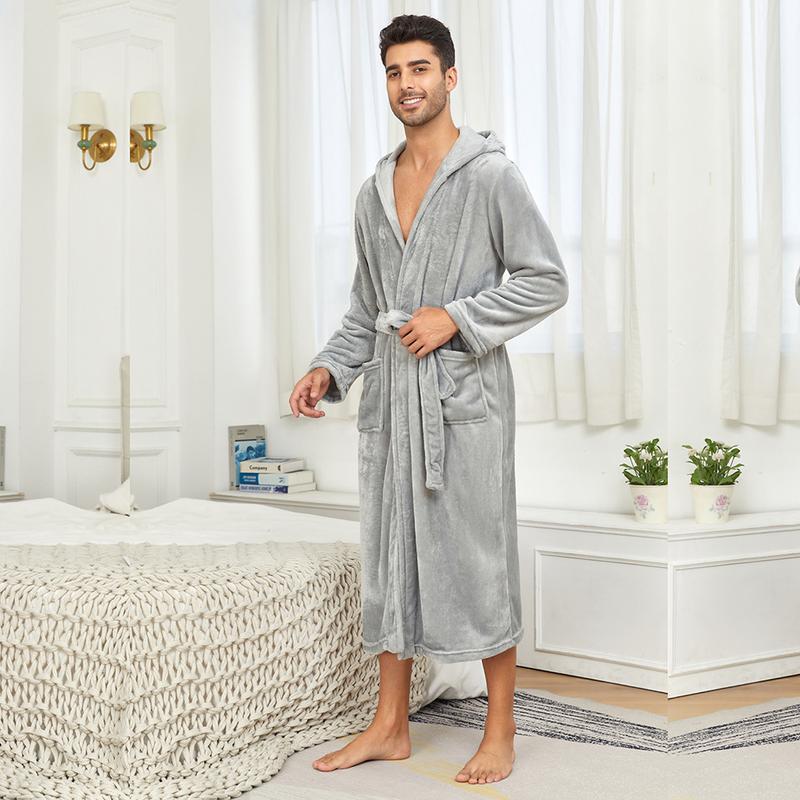 Solid Color Hooded Kimono Shower Robe for Men Autumn Winter Warm Shower Bathrobe Gown Soft Home Clothes with Pocket Nightgown