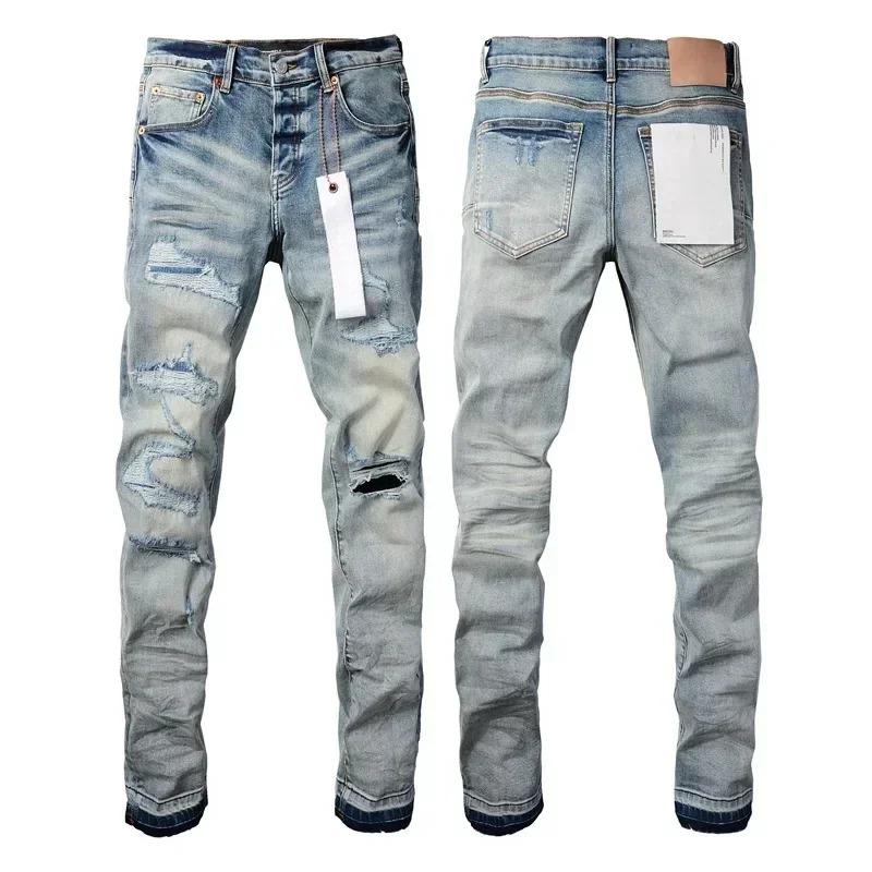 New Fashion Purples jeans man brands with distressed hole patches Fashion Repair Low Rise Skinny Denim pants 28-40 size