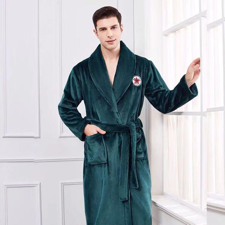 Solid Color Hooded Kimono Shower Robe for Men Autumn Winter Warm Shower Bathrobe Gown Soft Home Clothes with Pocket Nightgown