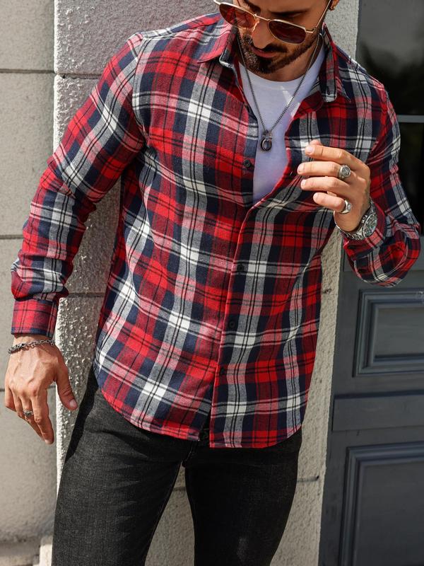 Men's Plaid Print Button Front Shirt, Regular Fit Casual Long Sleeve Collared Top for All Seasons, Fashion Men's Clothes for Daily Wear