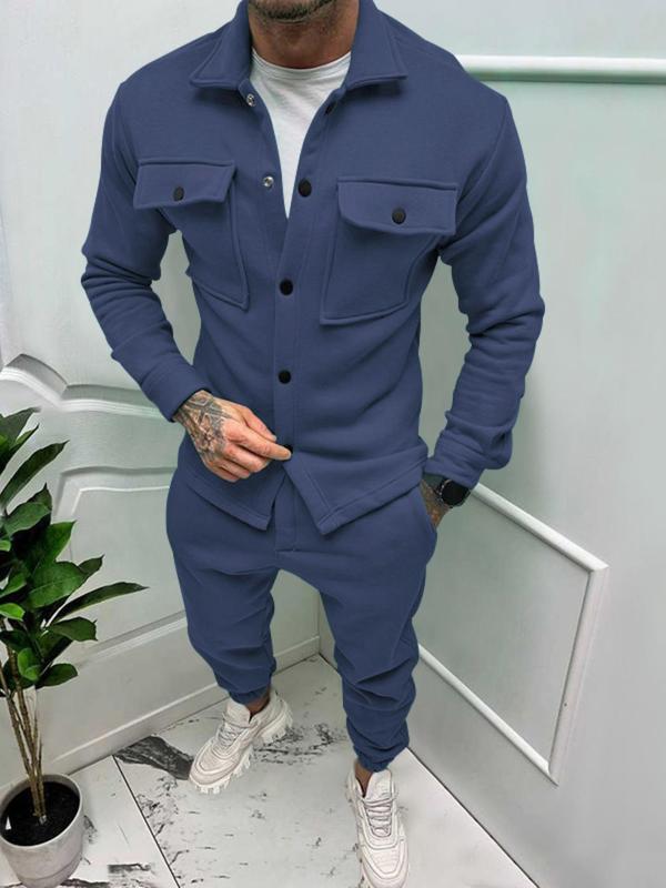 Men's Solid Button Front Jacket & Pocket Pants Two-piece Set, Regular Fit Casual Long Sleeve Pocket Collared Outerwear & Trousers for Spring & Fall, Men's Clothes for Daily Wear