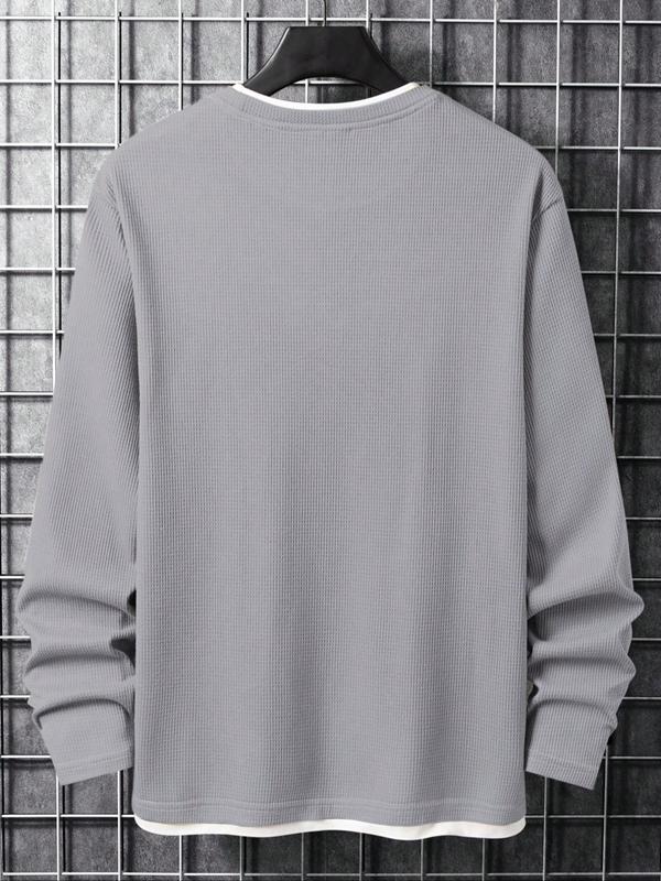 Men's Stylish Plain 2 in 1 Contrast Binding Round Neck Long Sleeve Tee, Casual Regular Fit Basic Crew Neck Longsleeves T-shirt for Fall & Winter, Men's T Shirts, Men's Clothes for Daily Wear, Men Tops, Menswear